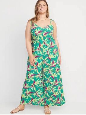 NWT Old Navy Loose Cropped Tie-shoulder Green Tropical Print Wide-Leg Jumpsuit